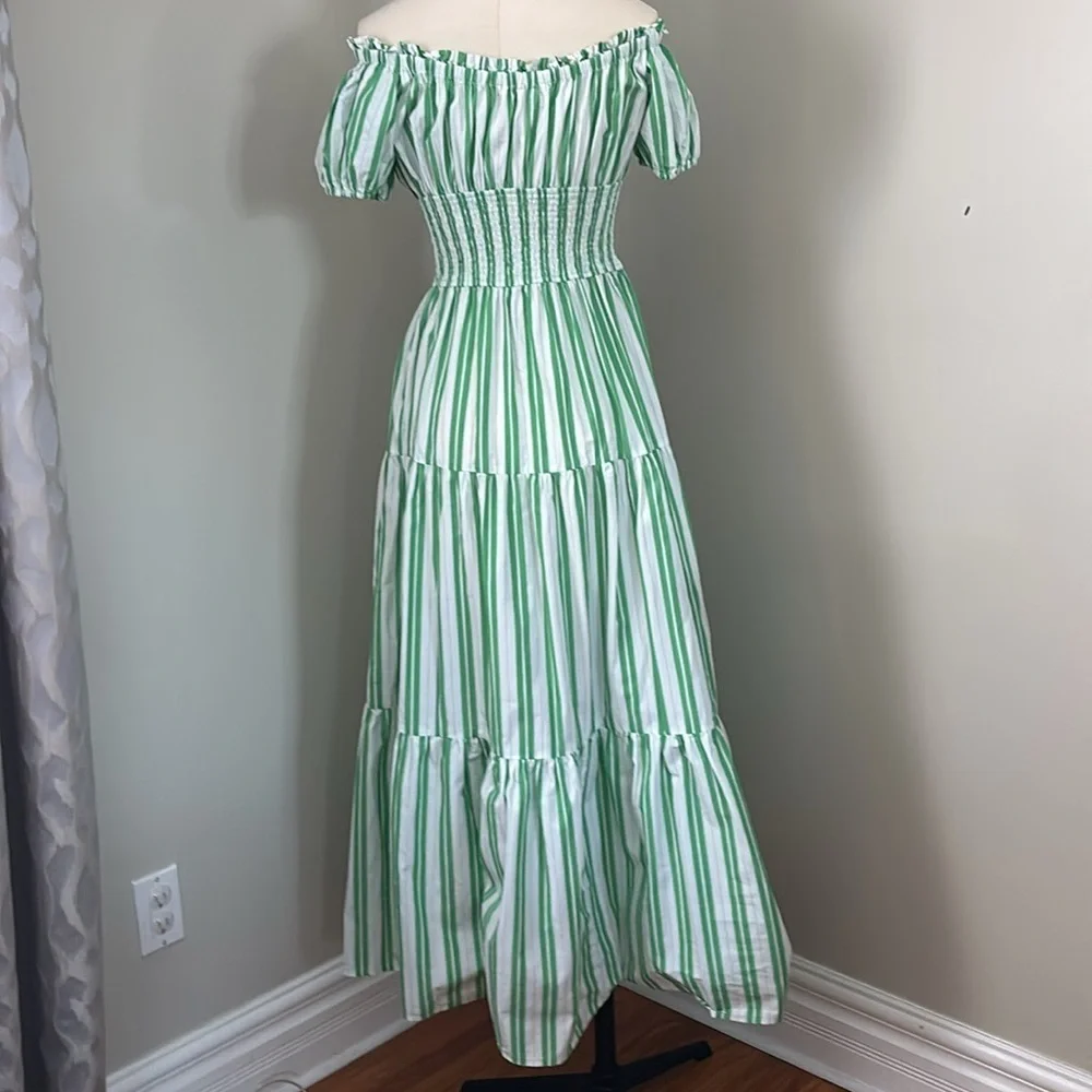 eShakti Wayward Fancies Off-theshoulder Stripe Cotton Poplin Smocked Waist Dress - Picture 7 of 11